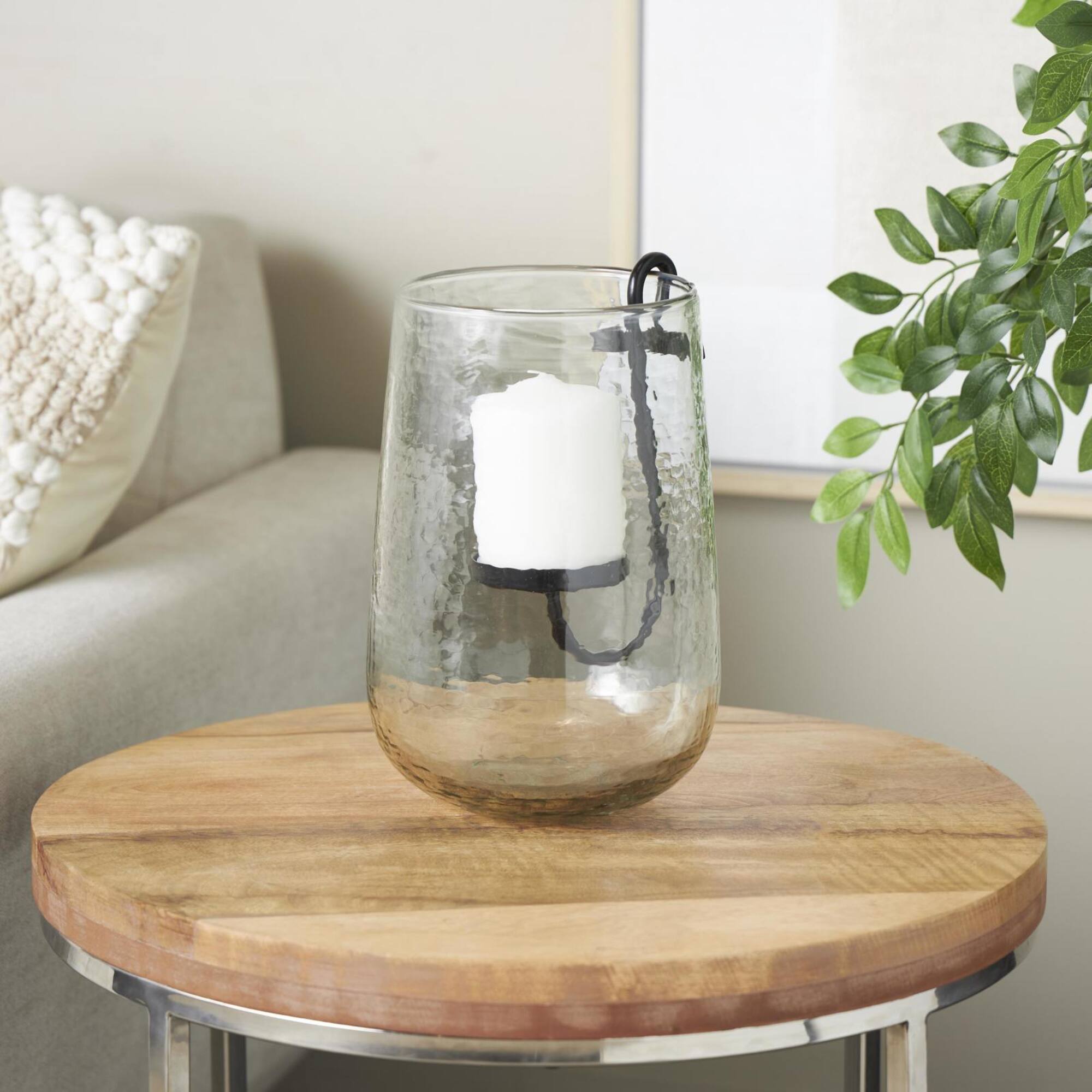 10.75" Clear Glass Candle Holder with Black Metal Accents